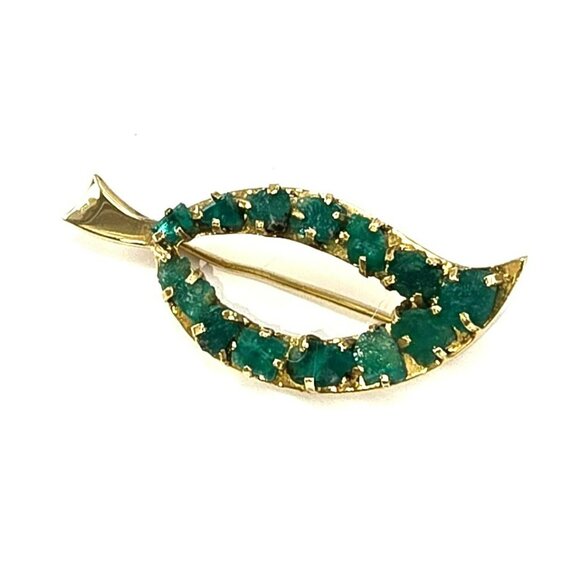 Raw Emerald Brooch Pin 18k Yellow Gold Leaf Shape Vintage Artisan STUNNING LI613 - Picture 1 of 15